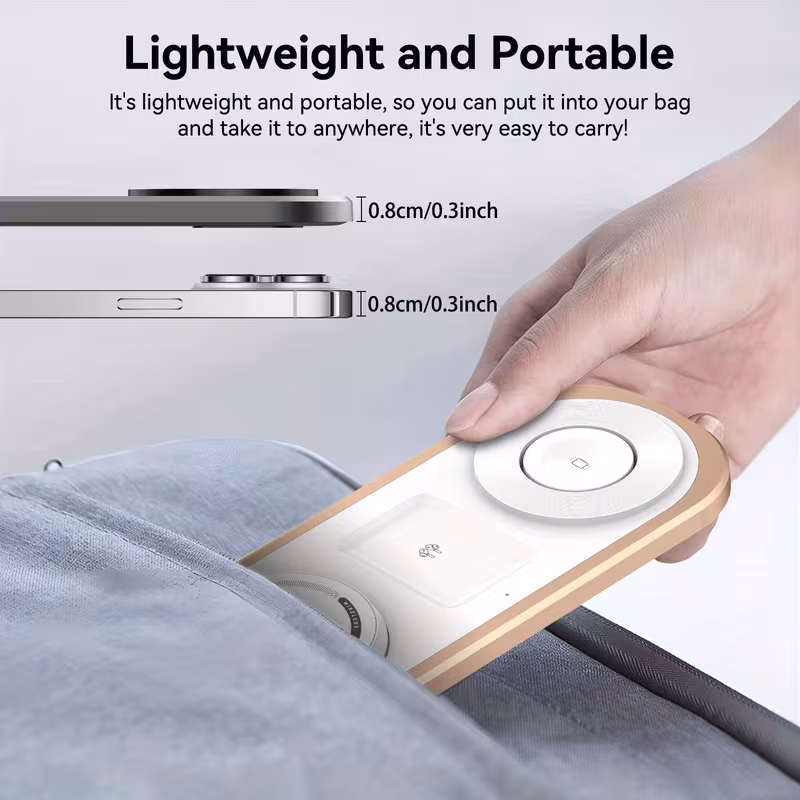 Folded charging station only 0.8cm thick, slipping into a bag pocket