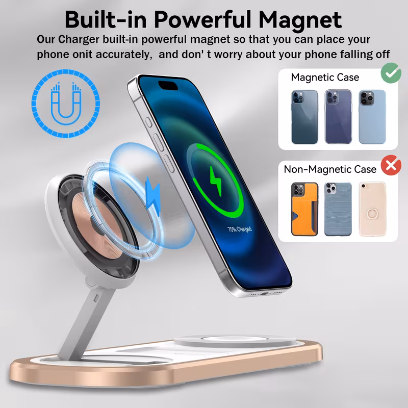 Built-in powerful magnet holding an iPhone securely on the charging stand